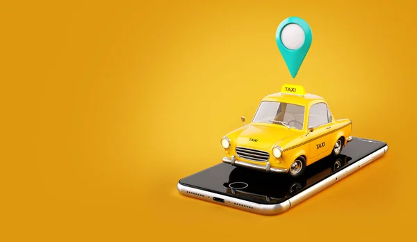 Smartphone application of taxi service for online searching calling and booking a cab. Unusual 3D illustration of taxi cab on smart phone.