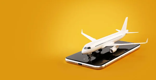 Aplicación Smartphone para la búsqueda en línea, la compra y la reserva de vuelos en Internet. Check-in en línea. Ilustración 3D inusual de avión comercial en el teléfono inteligente — Foto de Stock