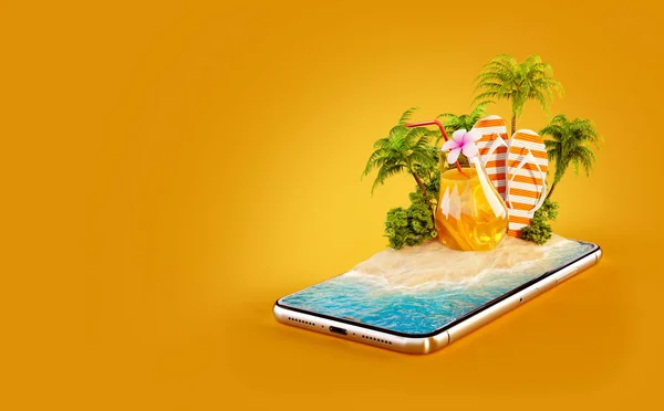 Ilustração 3d incomum de uma ilha tropical com palmeiras, suco fresco e chinelos em uma tela de smartphone. Conceito de viagem e férias — Fotografia de Stock