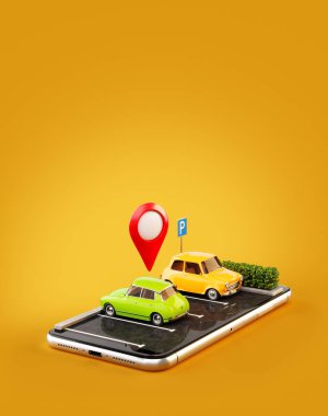 Olağandışı 3d çizim os smartphone uygulama online ücretsiz otopark yeri harita üzerinde arama için. Otopark ve araba kavramı paylaşımı