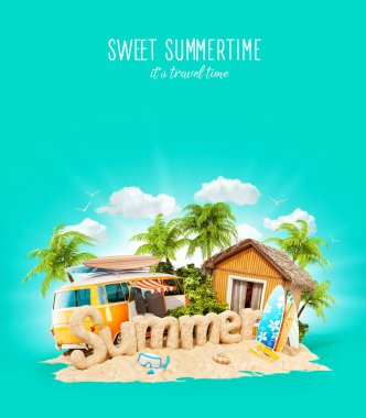 Kelime yaz kumun tropik ada üzerinde yapılmış. Yaz tatili alışılmadık 3d Illustration. Seyahat ve tatil kavramı.