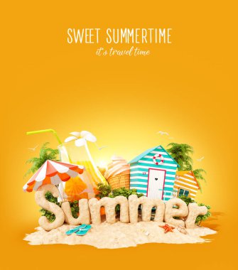 Kelime yaz kumun tropik ada üzerinde yapılmış. Yaz tatili alışılmadık 3d Illustration. Seyahat ve tatil kavramı.