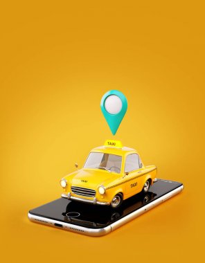 Taksi hizmeti çevrimiçi arama arama ve bir taksi rezervasyon için Smartphone uygulama. Taksi akıllı telefon üzerinde olağandışı 3d çizimi.