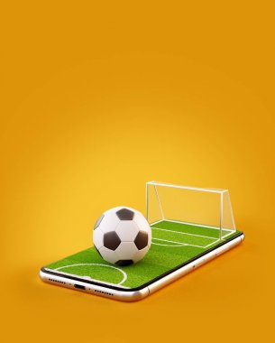 Futbol sahası ve futbol topu bir smartphone ekranda sıradışı 3d çizimi. Futbol izlerken ve online kavramı bahis
