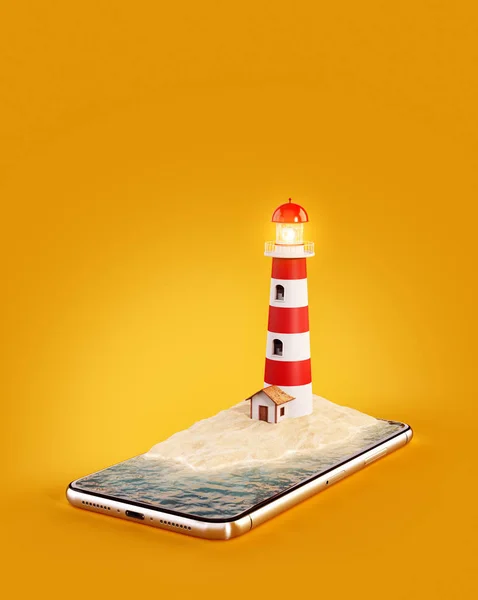 Ungewöhnliche 3D-Illustration eines Leuchtturms auf einem Smartphone-Bildschirm. Reise- und Urlaubskonzept — Stockfoto