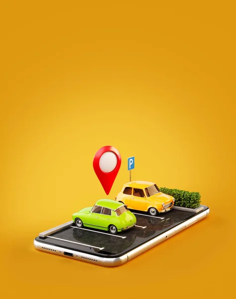 Ilustração 3d incomum os aplicativo de smartphone para busca on-line estacionamento gratuito no mapa. Conceito de estacionamento e partilha de carro — Fotografia de Stock