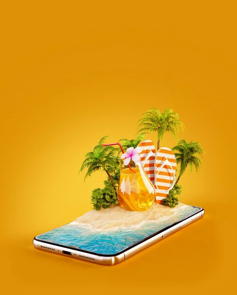 Ilustración inusual en 3D de una isla tropical con palmeras, jugo fresco y chanclas en la pantalla de un teléfono inteligente. Concepto de viajes y vacaciones —  Fotos de Stock