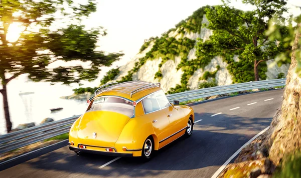 Cute little retro car goes by the road along beautiful harbor between mountain in summer day. — Stock Photo, Image