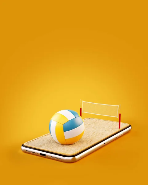 Необычная 3D иллюстрация волейбольного мяча и на корте на экране смартфона. Наблюдение за пляжным волейболом и онлайн-ставками — стоковое фото