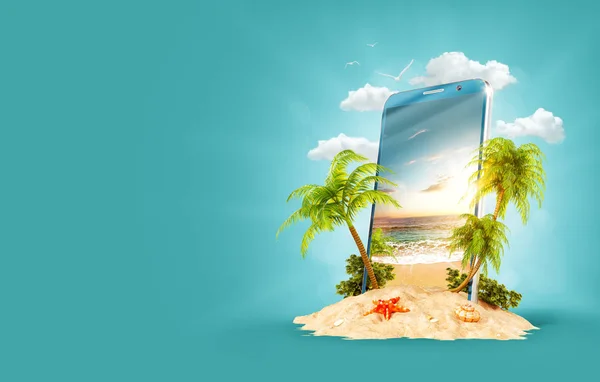 Тропический пейзаж на экране смартфона — стоковое фото