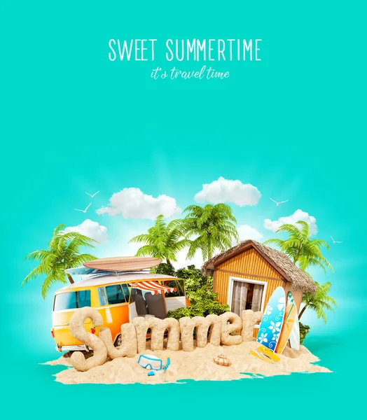 Das Wort Sommer aus Sand auf der tropischen Insel. Ungewöhnliche 3D-Illustration der Sommerferien. Reise- und Urlaubskonzept. — Stockfoto