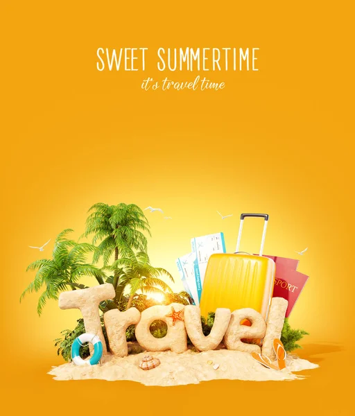 La parola Viaggio fatto di sabbia sull'isola tropicale. Illustrazione 3d insolita di vacanza estiva. Viaggio e concetto di vacanza . — Foto Stock