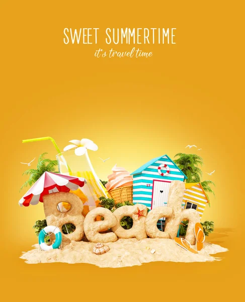 Slovo Beach jsou vyrobeny z písku na tropickém ostrově. Neobvyklé 3d ilustrace letních prázdnin. Cestování a dovolená. — Stock fotografie