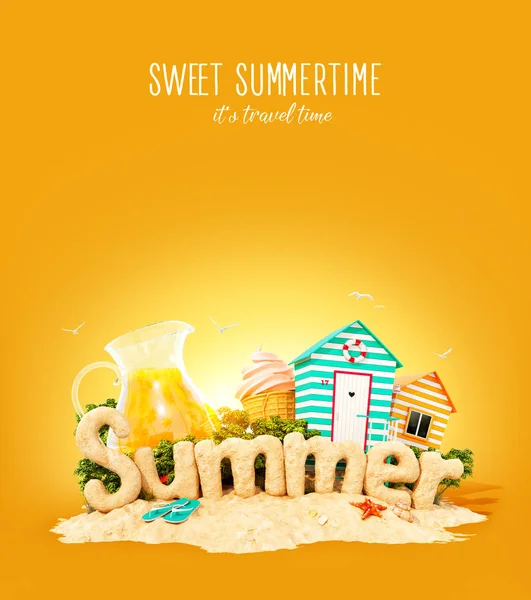 Het woord zomer gemaakt van zand op tropisch eiland. Ongewone 3d illustratie van de zomervakantie. Reizen en vakantie concept. — Stockfoto