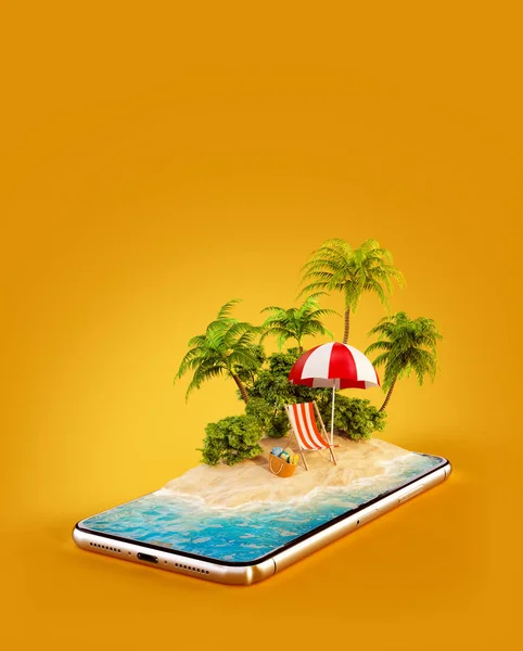 Ongewone 3d illustratie van een tropisch eiland met palmbomen, strandstoel en parasol op het scherm van een smartphone. Reizen en vakantie concept — Stockfoto