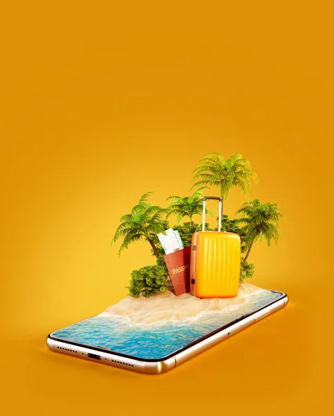 Ilustración inusual en 3D de una isla tropical con palmeras, maleta y pasaporte en una pantalla de teléfono inteligente. Concepto de viajes y vacaciones —  Fotos de Stock