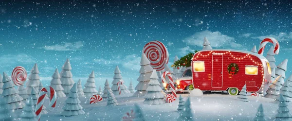 Mikulás karácsonyi piros lakókocsi — Stock Fotó