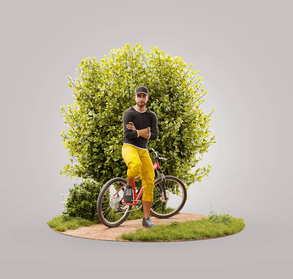 Unusual 3d illustration of a Professional cyclist standing at his mountain bike outdoors on sunny day. Cycling concept.