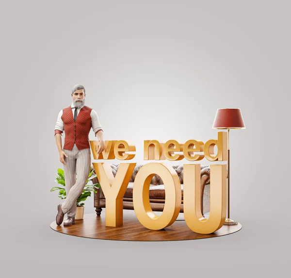 Unusual Illustration Attractive Young Man Standing Phrase Need You Head — Stock Photo, Image