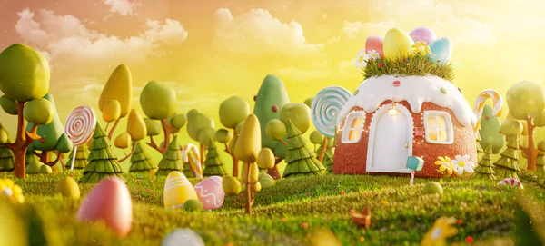 Amazing fairy house decorated at Easter in shape of cake with easter eggs on top. Unusual Easter 3d illustration postcard.