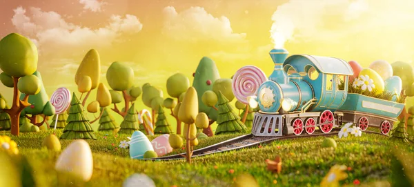 Amazing Fairy Easter Train Magical Forest Unusual Easter Illustration Postcard — Stock Photo, Image