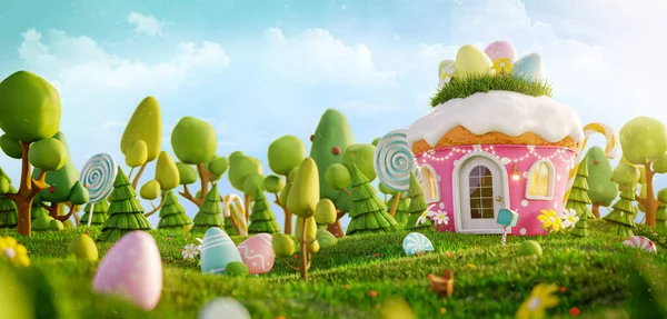 Amazing Fairy House Decorated Easter Shape Muffin Meadow Spring Sunny — Stock Photo, Image