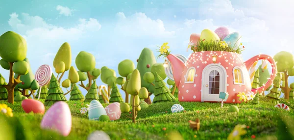 Erstaunliche Feenhaus Ostern Form Von Teekanne Auf Der Wiese Frühling — Stockfoto