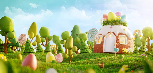 Csodálatos Tündérház Díszített Húsvétkor Alakú Torta Réten Tavaszi Napsütéses Napon — Stock Fotó