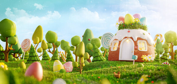 Amazing fairy house decorated at Easter in shape of cake on the meadow in spring sunny day. Unusual Easter 3d illustration postcard.