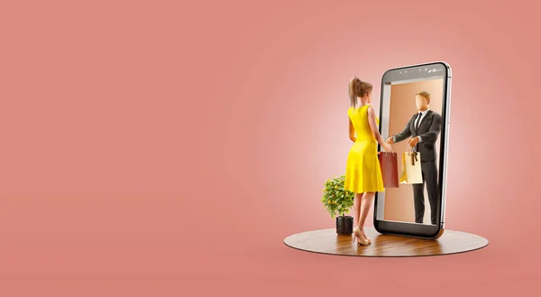 ビッグスマートフォンに立って スマートフォンのアプリケーションを使用して男の3Dイラスト スマートフォンアプリのコンセプト — ストック写真