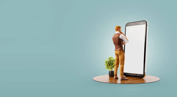 Illustration Jeune Homme Debout Devant Grand Smartphone Bureau Concept Applications — Photo