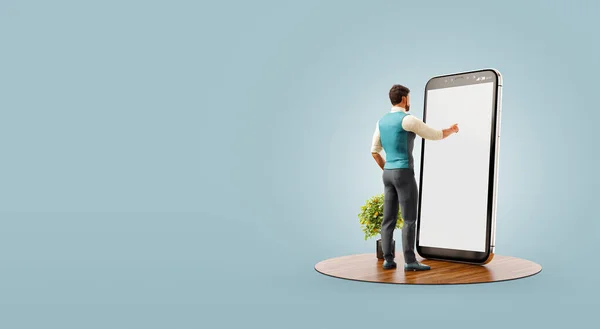 Ilustracja Człowieka Stojącego Mgle Wielkiego Smartfona Biurze Dotykającego Ekranu Smartfona — Zdjęcie stockowe