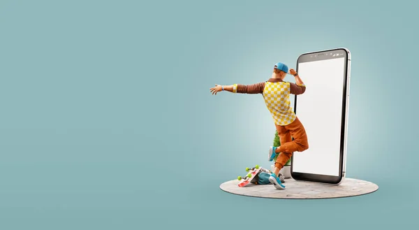 Illustration Man Dancing Front Smartphone Using Smart Phone Application Smartphone — Stock Photo, Image