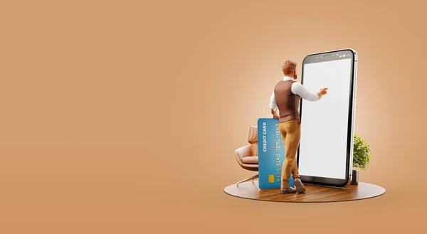 Иллюстрация Человека Кредитной Картой Стоящего Большого Смартфона Офисе Использующего Приложение — стоковое фото