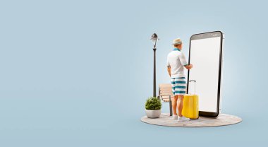 Bavulları akıllı telefonun önünde duran ve akıllı telefon uygulaması kullanan bir turistin 3D çizimi. Seyahat akıllı telefon uygulamaları konsepti.