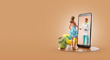 Akıllı telefon ekranının önünde durup doktoruyla tokalaşan bir kadının üç boyutlu resmi. Sağlık hizmeti akıllı telefon uygulamaları. Çevrimiçi tıbbi danışma ve destek kavramı.