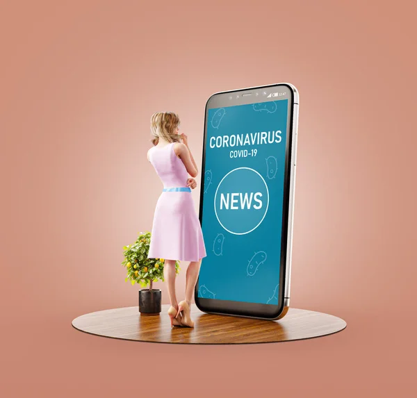 大きなスマートフォンに立っている若い女性の珍しい3Dイラストやコロナウイルスについてのニュースを読んでいます コロナビアの情報概念 — ストック写真
