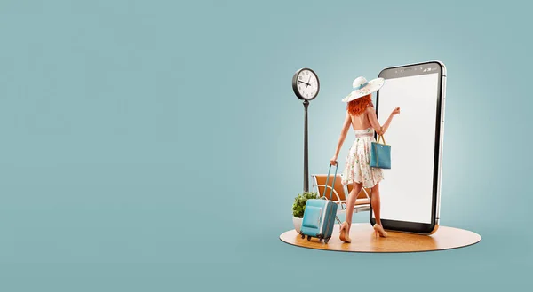 Ilustracja Kobiety Letniej Sukience Idzie Walizką Podróżną Ekran Smartfona Przy — Zdjęcie stockowe