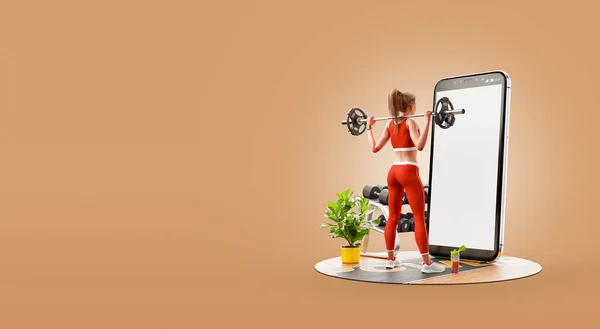 Illustration Woman Gym Doing Squats Barbell Front Smartphone Using Smart — Stock Photo, Image