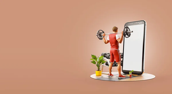 Illustration Man Gym Doing Squats Barbell Front Smartphone Using Smart — Stock Photo, Image