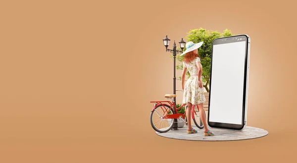 Ilustração Uma Mulher Bonita Vestido Verão Frente Smartphone Usando Aplicativo — Fotografia de Stock
