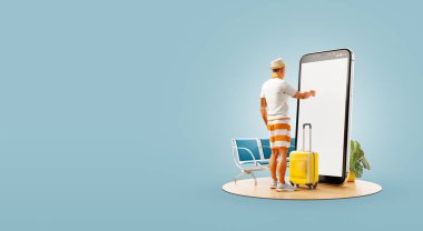 Bavulları akıllı telefonun önünde duran ve akıllı telefon uygulaması kullanan bir turistin 3D çizimi. Seyahat akıllı telefon uygulamaları konsepti.