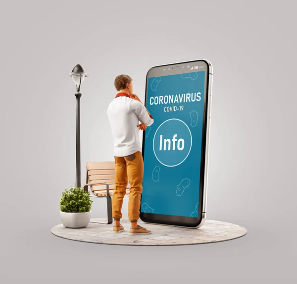 大きなスマートフォンに立って コロナウイルスに関する情報を読んでいる男の異常な3Dイラスト コロナビアのニュースコンセプト — ストック写真