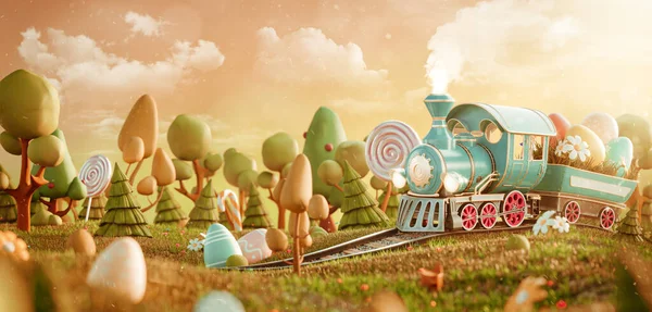 Amazing Fairy Easter Train Magical Forest Unusual Easter Illustration Postcard — Stock Photo, Image