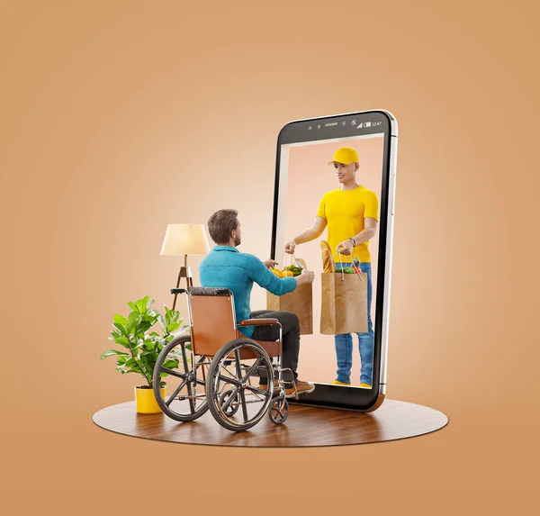 Необычная Иллюстрация Молодого Инвалида Сидящего Инвалидном Кресле Получающего Заказ Курьера — стоковое фото
