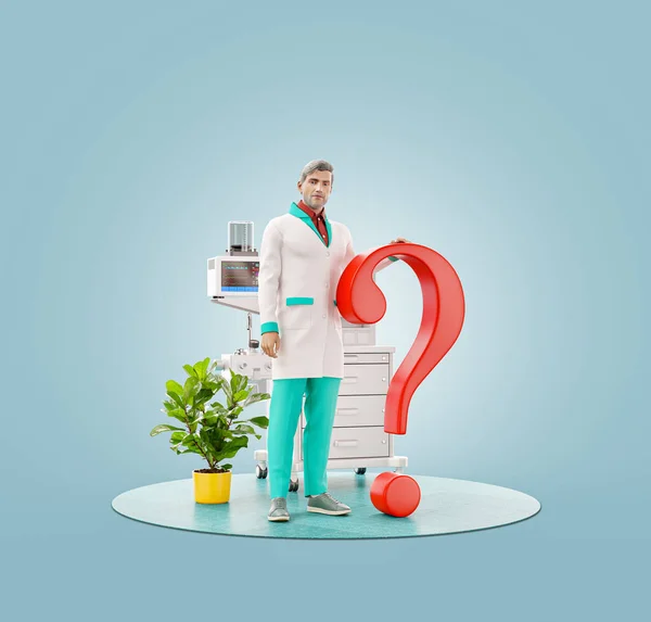 Illustration Inhabituelle Médecin Debout Avec Point Interrogation Concept Questions Réponses — Photo