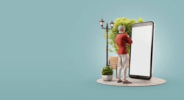 3D图片 一个穿便服的男人站在大智能手机和使用智能手机应用程序 智能手机应用的概念 — 图库照片