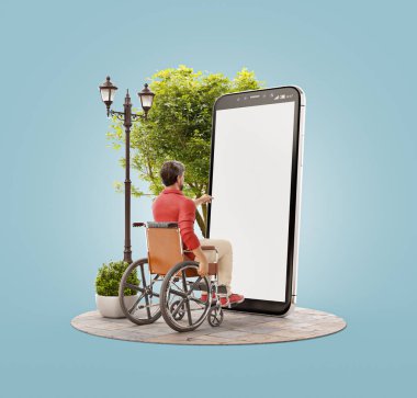 Genç engelli adam akıllı telefonun önünde boş ekranla tekerlekli sandalyede oturuyor ve akıllı telefon uygulaması kullanıyor. Özürlü konsepti 3d illüstrasyon.