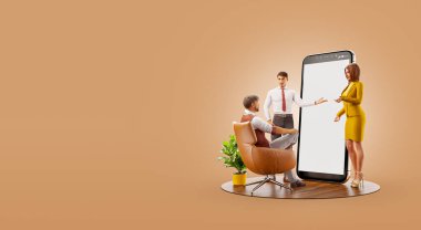 3 boyutlu illüstrasyon. Akıllı telefon uygulaması ve tasarım geliştirme ve sunum. Başvuru ve sosyal medya kavramı. Web geliştirme ve web tasarımı. İş takım çalışması konsepti.