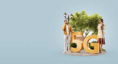 5G işaretinin yanında duran genç bir çiftin üç boyutlu resmi. Yüksek hızlı internet 5G standart kablosuz sinyal iletim teknolojisi.